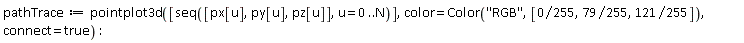 pathTrace := pointplot3d([seq([px[u], py[u], pz[u]], u = 0 .. N)], color = Color("RGB", [0*(1/255), 79/255, 121/255]), connect = true)