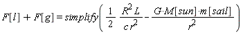 F[l]+F[g] = simplify((1/2)*R^2*L/(c*r^2)-G*M[sun]*m[sail]/r^2)