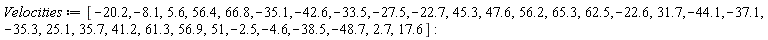 Velocities := [-20.2, -8.1, 5.6, 56.4, 66.8, -35.1, -42.6, -33.5, -27.5, -22.7, 45.3, 47.6, 56.2, 65.3, 62.5, -22.6, 31.7, -44.1, -37.1, -35.3, 25.1, 35.7, 41.2, 61.3, 56.9, 51, -2.5, -4.6, -38.5, -48.7, 2.7, 17.6]