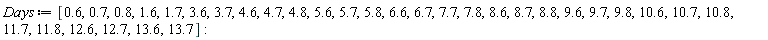 Days := [.6, .7, .8, 1.6, 1.7, 3.6, 3.7, 4.6, 4.7, 4.8, 5.6, 5.7, 5.8, 6.6, 6.7, 7.7, 7.8, 8.6, 8.7, 8.8, 9.6, 9.7, 9.8, 10.6, 10.7, 10.8, 11.7, 11.8, 12.6, 12.7, 13.6, 13.7]