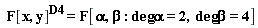 " F[x,y]^(D4)=F[alpha,beta : degalpha=2,  degbeta=4]"