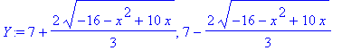 Y := 7+2/3*(-16-x^2+10*x)^(1/2), 7-2/3*(-16-x^2+10*x)^(1/2)