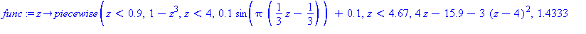 (Typesetting:-mprintslash)([func := proc (z) options operator, arrow; piecewise(z < .9, 1-z^3, z < 4, .1*sin(Pi*(1/3*z-1/3))+.1, z < 4.67, 4*z-15.9-3*(z-4)^2, 1.4333+.14*sin(z-4.67)) end proc], [proc ...
