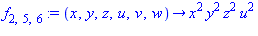 f[2, 5, 6] := proc (x, y, z, u, v, w) options operator, arrow; x^2*y^2*z^2*u^2 end proc
