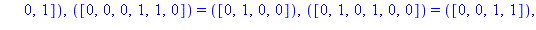 TABLE([([1, 1, 0, 0, 1, 0]) = ([0, 1, 1, 0]), ([0, 1, 0, 1, 1, 0]) = ([1, 1, 1, 0]), ([0, 0, 1, 1, 1, 0]) = ([0, 0, 0, 1]), ([1, 0, 1, 1, 0, 1]) = ([1, 0, 0, 0]), ([1, 0, 0, 0, 1, 0]) = ([1, 0, 1, 1])...