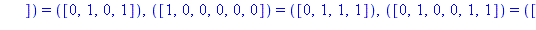 TABLE([([1, 1, 0, 0, 1, 0]) = ([0, 1, 1, 0]), ([0, 1, 0, 1, 1, 0]) = ([1, 1, 1, 0]), ([0, 0, 1, 1, 1, 0]) = ([0, 0, 0, 1]), ([1, 0, 1, 1, 0, 1]) = ([1, 0, 0, 0]), ([1, 0, 0, 0, 1, 0]) = ([1, 0, 1, 1])...