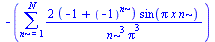 `+`(`-`(sum(`+`(`/`(`*`(2, `*`(`+`(`-`(1), `^`(-1, n)), `*`(sin(`*`(Pi, `*`(x, `*`(n))))))), `*`(`^`(n, 3), `*`(`^`(Pi, 3))))), n = 1 .. N)))