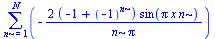 sum(`+`(`-`(`/`(`*`(2, `*`(`+`(`-`(1), `^`(-1, n)), `*`(sin(`*`(Pi, `*`(x, `*`(n))))))), `*`(n, `*`(Pi))))), n = 1 .. N)
