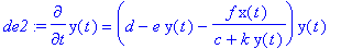 de2 := diff(y(t),t) = (d-e*y(t)-f*x(t)/(c+k*y(t)))*...