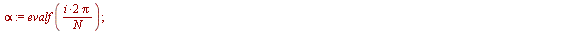 for i from 0 to N do `assign`(alpha, evalf(`+`(`/`(`*`(2, `*`(Pi, `*`(i))), `*`(N))))); `assign`(x[i], `*`(r, `*`(cos(alpha)))); `assign`(y[i], `*`(r, `*`(sin(alpha)))); `assign`(z[i], `+`(x[i], `*`(l...