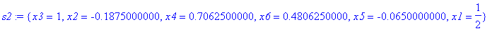 s2 := {x3 = 1, x2 = -.1875000000, x4 = .7062500000, x6 = .4806250000, x5 = -.650000000e-1, x1 = 1/2}