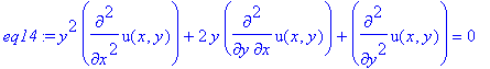 eq14 := y^2*diff(u(x,y),`$`(x,2))+2*y*diff(u(x,y),x,y)+diff(u(x,y),`$`(y,2)) = 0
