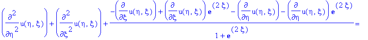 eq22_can := diff(u(eta,xi),`$`(eta,2))+diff(u(eta,xi),`$`(xi,2))+(-diff(u(eta,xi),xi)+diff(u(eta,xi),xi)*exp(2*xi)-diff(u(eta,xi),eta)-diff(u(eta,xi),eta)*exp(2*xi))/(1+exp(2*xi)) = 0