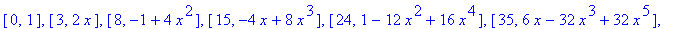 [0, 1], [3, 2*x], [8, -1+4*x^2], [15, -4*x+8*x^3], [24, 1-12*x^2+16*x^4], [35, 6*x-32*x^3+32*x^5], [48, -1+24*x^2-80*x^4+64*x^6]