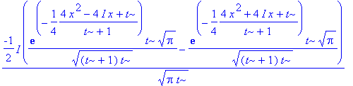 -1/2*I*(exp(-1/4*(4*x^2-4*I*x+t)/(t+1))*t/((t+1)*t)^(1/2)*Pi^(1/2)-exp(-1/4*(4*x^2+4*I*x+t)/(t+1))*t/((t+1)*t)^(1/2)*Pi^(1/2))/(Pi*t)^(1/2)