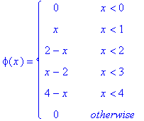 phi(x) = PIECEWISE([0, x < 0],[x, x < 1],[2-x, x < 2],[x-2, x < 3],[4-x, x < 4],[0, otherwise])