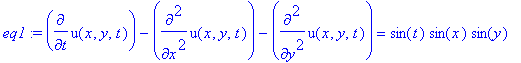 eq1 := diff(u(x,y,t),t)-diff(u(x,y,t),`$`(x,2))-diff(u(x,y,t),`$`(y,2)) = sin(t)*sin(x)*sin(y)