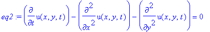 eq2 := diff(u(x,y,t),t)-diff(u(x,y,t),`$`(x,2))-diff(u(x,y,t),`$`(y,2)) = 0