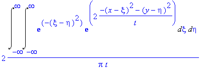 2/Pi/t*Int(Int(exp(-(xi-eta)^2)*exp(2*(-(x-xi)^2-(y-eta)^2)/t),xi = -infinity .. infinity),eta = -infinity .. infinity)