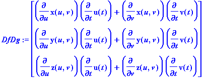 DfDg := matrix([[diff(x(u,v),u)*diff(u(t),t)+diff(x...