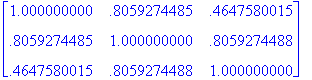 matrix([[1.000000000, .8059274485, .4647580015], [....