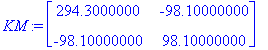 KM := matrix([[294.3000000, -98.10000000], [-98.100...