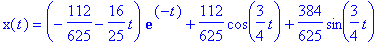 x(t) = (-112/625-16/25*t)*exp(-t)+112/625*cos(3/4*t)+384/625*sin(3/4*t)