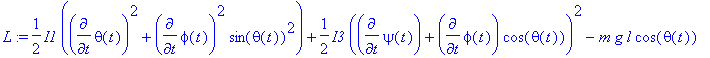 L := 1/2*I1*(diff(theta(t),t)^2+diff(phi(t),t)^2*si...