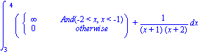 Int((PIECEWISE([infinity, And(-2 < x, x < -1)], [0, otherwise]))+1/((x+1)*(x+2)), x = 3 .. 4)