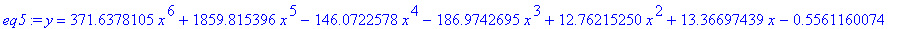 eq5 := y = 371.6378105*x^6+1859.815396*x^5-146.0722578*x^4-186.9742695*x^3+12.76215250*x^2+13.36697439*x-.5561160074