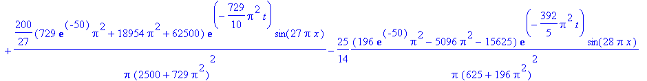 `u(x,t)` = 200*(exp(-50)*Pi^2+26*Pi^2+62500)*exp(-1/10*Pi^2*t)/Pi/(2500+Pi^2)^2*sin(Pi*x)-25*(exp(-50)*Pi^2-26*Pi^2-15625)*exp(-2/5*Pi^2*t)/Pi/(625+Pi^2)^2*sin(2*Pi*x)+200/3*(9*exp(-50)*Pi^2+234*Pi^2+6...