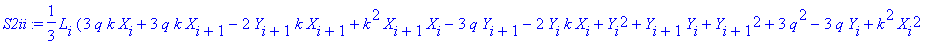 S2ii := 1/3*L[i]*(3*q*k*X[i]+3*q*k*X[i+1]-2*Y[i+1]*k*X[i+1]+k^2*X[i+1]*X[i]-3*q*Y[i+1]-2*Y[i]*k*X[i]+Y[i]^2+Y[i+1]*Y[i]+Y[i+1]^2+3*q^2-3*q*Y[i]+k^2*X[i]^2+k^2*X[i+1]^2-Y[i+1]*k*X[i]-Y[i]*k*X[i+1])/(1+k...