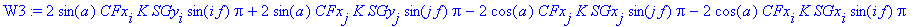 W3 := 2*sin(a)*CFx[i]*K*SGy[i]*sin(i*f)*Pi+2*sin(a)*CFx[j]*K*SGy[j]*sin(j*f)*Pi-2*cos(a)*CFx[j]*K*SGx[j]*sin(j*f)*Pi-2*cos(a)*CFx[i]*K*SGx[i]*sin(i*f)*Pi-2*cos(a)*Pi*K*sum(C1x[k]*C2x[k]*cos(k*f),k = 1 ...