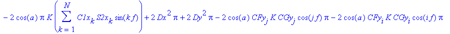 R25 := -2*cos(a)*Pi*K*sum(C1x[k]*C2x[k]*cos(k*f),k = 1 .. N)+2*sin(a)*Pi*K*sum(C1x[k]*C2y[k]*cos(k*f),k = 1 .. N)+2*sin(a)*Pi*K*sum(C1x[k]*S2y[k]*sin(k*f),k = 1 .. N)-2*cos(a)*Pi*K*sum(C1x[k]*S2x[k]*si...