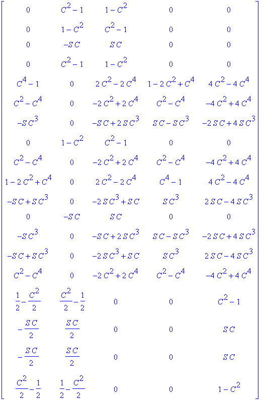matrix([[0, C^2-1, 1-C^2, 0, 0], [0, 1-C^2, C^2-1, 0, 0], [0, -S*C, S*C, 0, 0], [0, C^2-1, 1-C^2, 0, 0], [C^4-1, 0, 2*C^2-2*C^4, 1-2*C^2+C^4, 4*C^2-4*C^4], [C^2-C^4, 0, -2*C^2+2*C^4, C^2-C^4, -4*C^2+4*...