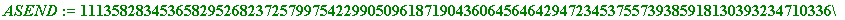 ASEND := 111358283453658295268237257997542299050961871904360645646429472345375573938591813039323471033649026863907975128152429198130425391679