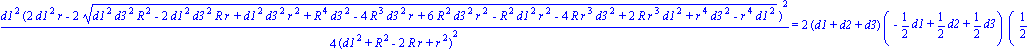 1/4*d1^2*(2*d1^2*r-2*(d1^2*d3^2*R^2-2*d1^2*d3^2*R*r+d1^2*d3^2*r^2+R^4*d3^2-4*R^3*d3^2*r+6*R^2*d3^2*r^2-R^2*d1^2*r^2-4*R*r^3*d3^2+2*R*r^3*d1^2+r^4*d3^2-r^4*d1^2)^(1/2))^2/(d1^2+R^2-2*R*r+r^2)^2 = 2*(d1...