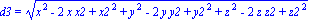 d3 = (x^2-2*x*x2+x2^2+y^2-2*y*y2+y2^2+z^2-2*z*z2+z2^2)^(1/2)