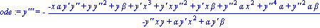 ode := `y'''` = -(-x*alpha*`y'`*`y''`+y*`y''`^2+y*beta+`y'`*x^3+`y'`*x*`y''`^2+`y'`*x*beta+`y''`^2*alpha*x^2+`y''`^4*alpha+`y''`^2*alpha*beta)/(-`y''`*x*y+alpha*`y'`*x^2+alpha*`y'`*beta)