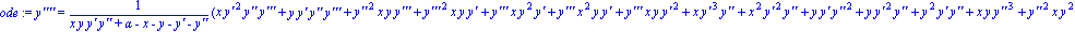 ode := `y''''` = (x*`y'`^2*`y''`*`y'''`+y*`y'`*`y''`*`y'''`+`y''`^2*x*y*`y'''`+`y'''`^2*x*y*`y'`+`y'''`*x*y^2*`y'`+`y'''`*x^2*y*`y'`+`y'''`*x*y*`y'`^2+x*`y'`^3*`y''`+x^2*`y'`^2*`y''`+y*`y'`*`y''`^2+y*...