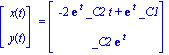 Vector[column]([[x(t)], [y(t)]]) = Vector[column]([[-2*exp(t)*_C2*t+exp(t)*_C1], [_C2*exp(t)]])