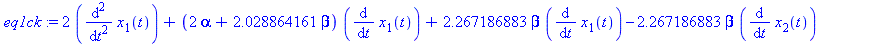 2*(diff(diff(x[1](t), t), t))+(2*alpha+2.028864161*beta)*(diff(x[1](t), t))+2.267186883*beta*(diff(x[1](t), t))-2.267186883*beta*(diff(x[2](t), t))+4.296051044*x[1](t)-2.267186883*x[2](t) = 0