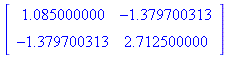 table( [( 1, 1 ) = 1.085000000, ( 2, 2 ) = 2.712500000, ( 1, 2 ) = -1.379700313, ( 2, 1 ) = -1.379700313 ] )