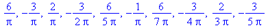 6/Pi, -3/Pi, 2/Pi, -3/2/Pi, 6/5/Pi, -1/Pi, 6/7/Pi, -3/4/Pi, 2/3/Pi, -3/5/Pi