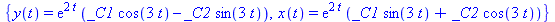 {y(t) = exp(2*t)*(_C1*cos(3*t)-_C2*sin(3*t)), x(t) = exp(2*t)*(_C1*sin(3*t)+_C2*cos(3*t))}