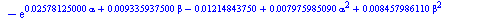 `+`(1.8, `-`(exp(`+`(`*`(0.2578125000e-1, `*`(alpha)), `*`(0.9335937500e-2, `*`(beta)), `-`(0.1214843750e-1), `*`(0.7975985090e-2, `*`(`^`(alpha, 2))), `*`(0.8457986110e-2, `*`(`^`(beta, 2))), `*`(0.8...