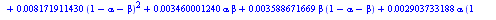 `+`(1.8, `-`(exp(`+`(`*`(0.2578125000e-1, `*`(alpha)), `*`(0.9335937500e-2, `*`(beta)), `-`(0.1214843750e-1), `*`(0.7975985090e-2, `*`(`^`(alpha, 2))), `*`(0.8457986110e-2, `*`(`^`(beta, 2))), `*`(0.8...