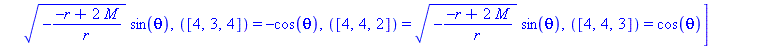 [([1, 1, 2]) = M/r^2, ([1, 2, 1]) = M/r^2, ([3, 2, 3]) = -(-(-r+2*M)/r)^(1/2), ([3, 3, 2]) = (-(-r+2*M)/r)^(1/2), ([4, 2, 4]) = -(-(-r+2*M)/r)^(1/2)*sin(theta), ([4, 3, 4]) = -cos(theta), ([4, 4, 2]) ...