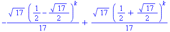 -17^(1/2)*(1/2-17^(1/2)/2)^k/17+17^(1/2)*(1/2+17^(1/2)/2)^k/17