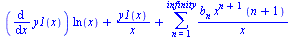 `+`(`*`(diff(y1(x), x), `*`(ln(x))), `/`(`*`(y1(x)), `*`(x)), sum(`/`(`*`(b[n], `*`(`^`(x, `+`(n, 1)), `*`(`+`(n, 1)))), `*`(x)), n = 1 .. infinity))